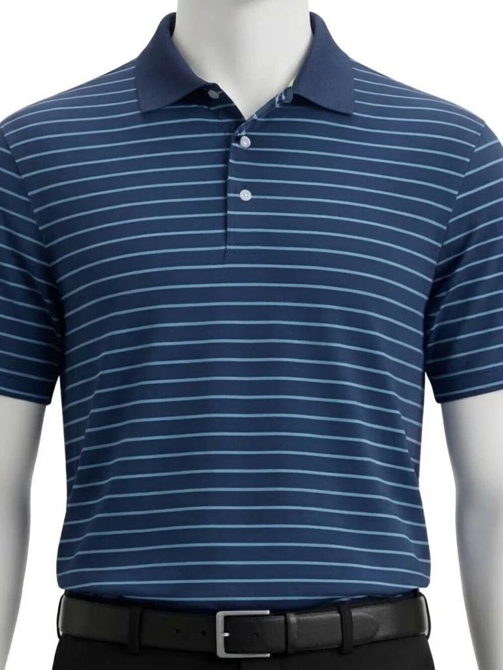 The Foundry Supply Co Men's LT Navy Blue Aqua Striped Performance Polo Shirt